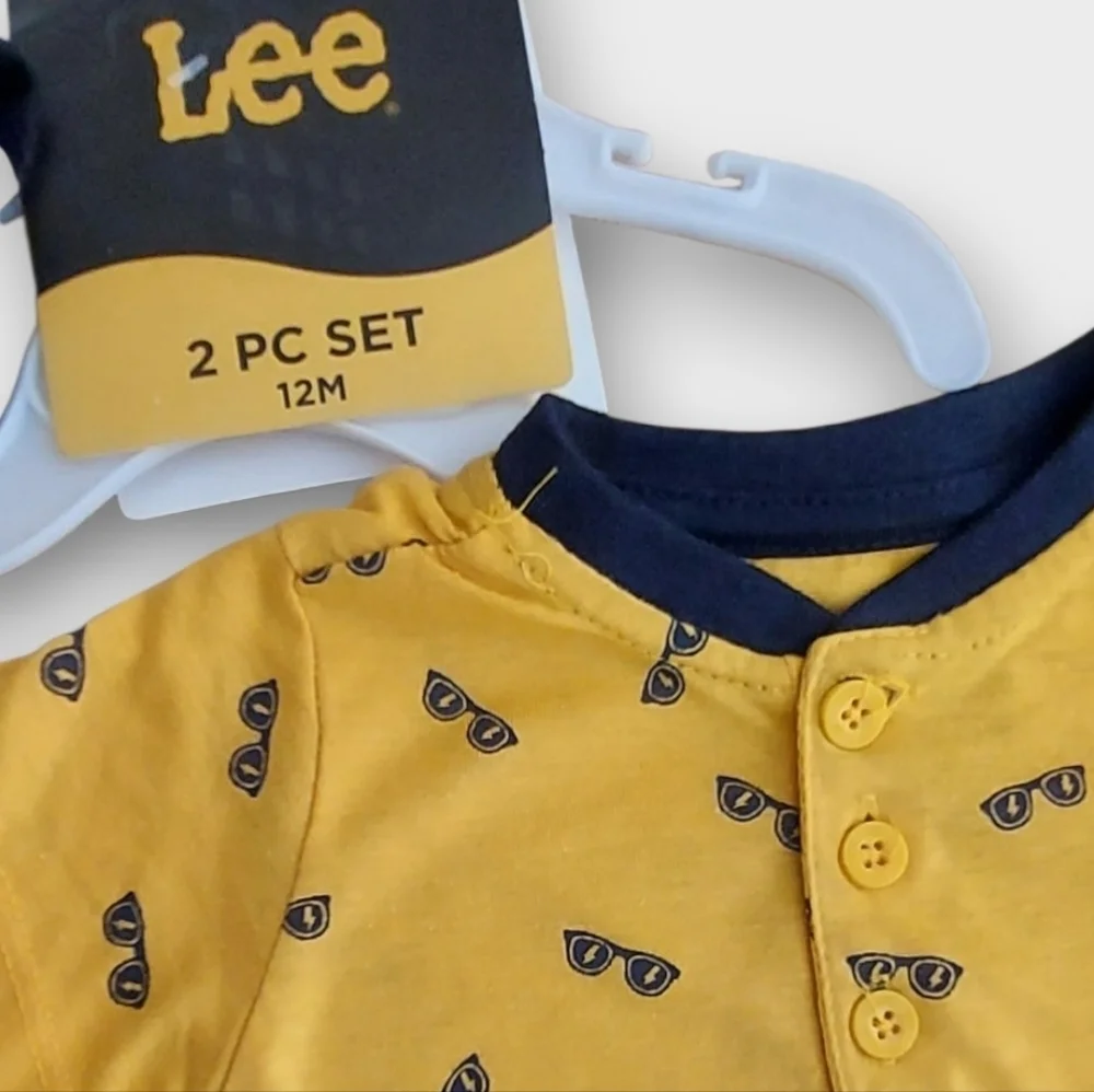 NWT Lee Baby 2 PC  Rompers in Navy and Yellow ~sz 12 M